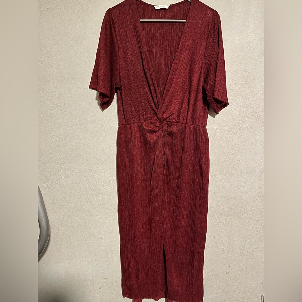 All in Favor Burgundy Plisse Midi Dress